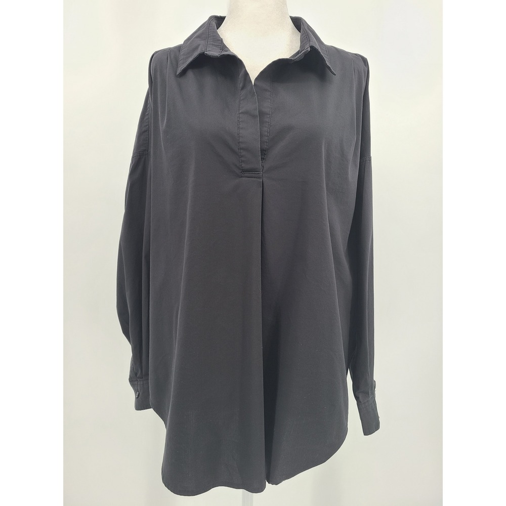 Magaschoni Lagenlook Popover Tunic Shirt L Black Oversized Cotton Blend Modern